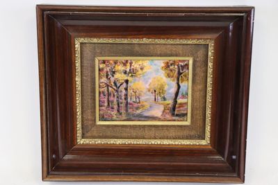 tableau à l'huile encadré représentant un sentier dans les bois, avec des arbres