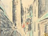 peinture représentant une rue avec une tour horloge au loin