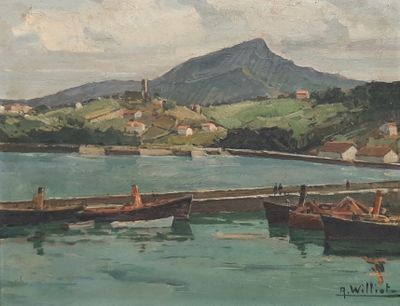 a painting of boats in the water near a mountain