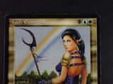 a card with a picture of a woman holding a scythe