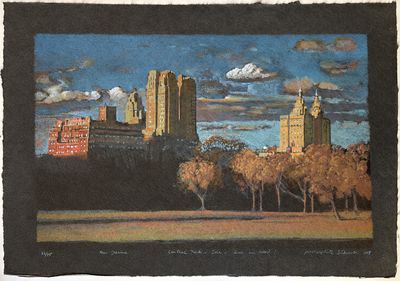 peinture représentant une peinture d'une vue d'une ville depuis un parc