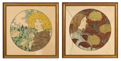 deux tableaux encadrés représentant une femme et un chat dans un jardin