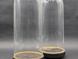 paire de cloches en verre reposant sur des socles en bois, sur fond gris