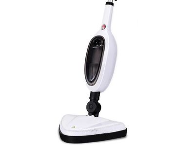 a white and black steam mop sitting on top of a white floor