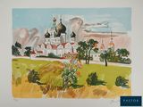 dessin représentant un tableau d'une église dans un champ, avec le ciel en arrière-plan
