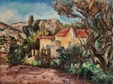 an oil painting of a yellow house with a red roof on a hill