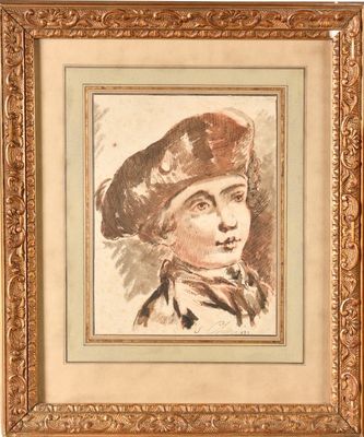 portrait of a young boy in a beret, framed in a gold frame