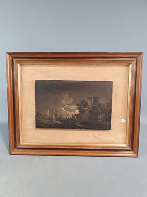 un tableau représentant un bateau sur un plan d'eau, avec un château en arrière-plan