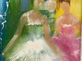 painting of two girls in tutu dresses holding flowers in front of a mirror