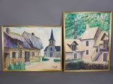 deux tableaux représentant un village avec une église et un clocher