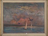 une peinture à l'huile représentant un voilier sur l'eau, avec des oiseaux qui volent au-dessus