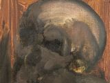 une peinture à l'huile représentant un crâne posé dans une boîte en bois