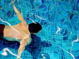 a painting of a man swimming in a pool