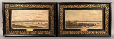 two framed paintings of boats on the water and a boat in the distance