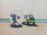 a painting of two people walking on the beach with an umbrella