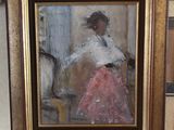 an oil painting of a woman in a pink dress standing in front of a mirror