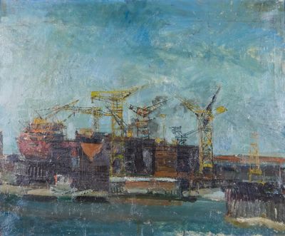 une peinture à l'huile représentant une scène portuaire avec des grues et des bateaux