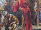an oil painting of a man and a woman sitting on the ground