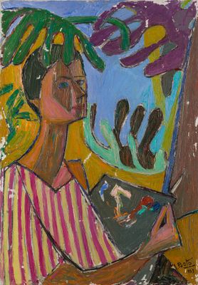 une peinture à l'huile représentant une femme tenant un livre devant un tableau