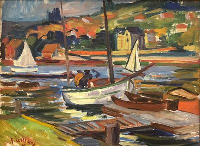 a painting of boats on the water near a dock