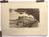 dessin représentant un château sur une colline, avec un arbre au premier plan