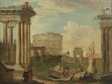 painting of a view of a roman forum with figures in the foreground and ruins in the background