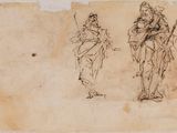an old drawing of a man and a woman standing next to each other