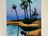 a painting of a pelican standing on a beach