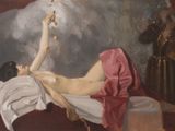 a painting of a woman laying on a bed with a man in the background