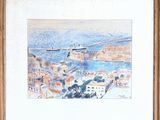painting of a view of a city with a bridge in the distance