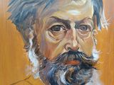 painting of a man with a beard and mustache in front of a wooden wall