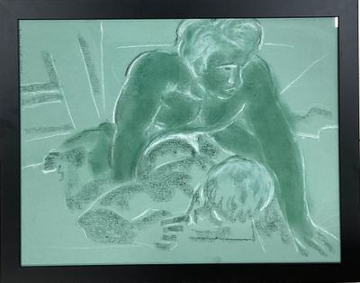 tableau représentant une femme assise sur un lit avec un chien