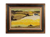 un tableau représentant une scène de campagne avec des fleurs jaunes et une grange bleue