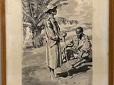 un vieux dessin en noir et blanc représentant un homme et une femme sur une plage