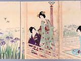 les trois panneaux d'un tableau représentant une femme en kimono