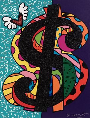 un gros plan sur une peinture représentant le symbole du dollar sur fond bleu