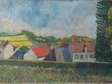an oil painting of houses in a field with trees in the background