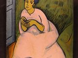 a painting of a woman sitting in a chair