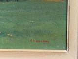 an oil painting of cows grazing in a green field with trees in the background
