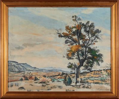 une peinture à l'huile représentant un arbre solitaire dans un paysage désertique
