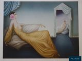 a painting of a woman in a yellow dress sitting on a bed
