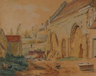painting of a farm scene with chickens, chickens, and a barn