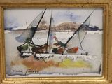 a picture of a painting of two people on a beach