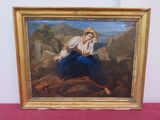 une peinture à l'huile représentant une femme agenouillée sur un rocher dans un paysage