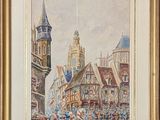 tableau représentant une scène urbaine avec une tour horloge en arrière-plan