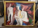 a painting of a man and a woman sitting on a chair
