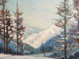 painting of a snowy landscape with trees and mountains in the background