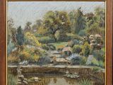 an oil painting of a pond with a bridge and trees in the background