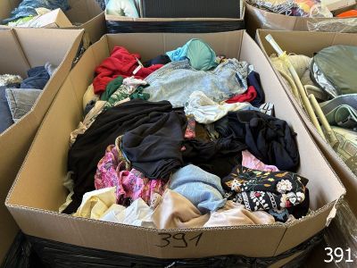 a box full of clothes that is sitting on the floor
