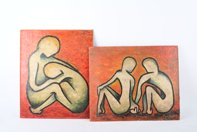 deux tableaux représentant un couple assis par terre l'un à côté de l'autre